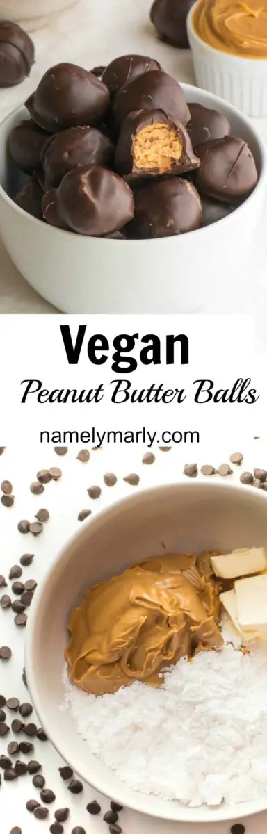 A collage of photos showing chocolate peanut butter balls with the text: Vegan Peanut Butter Balls.