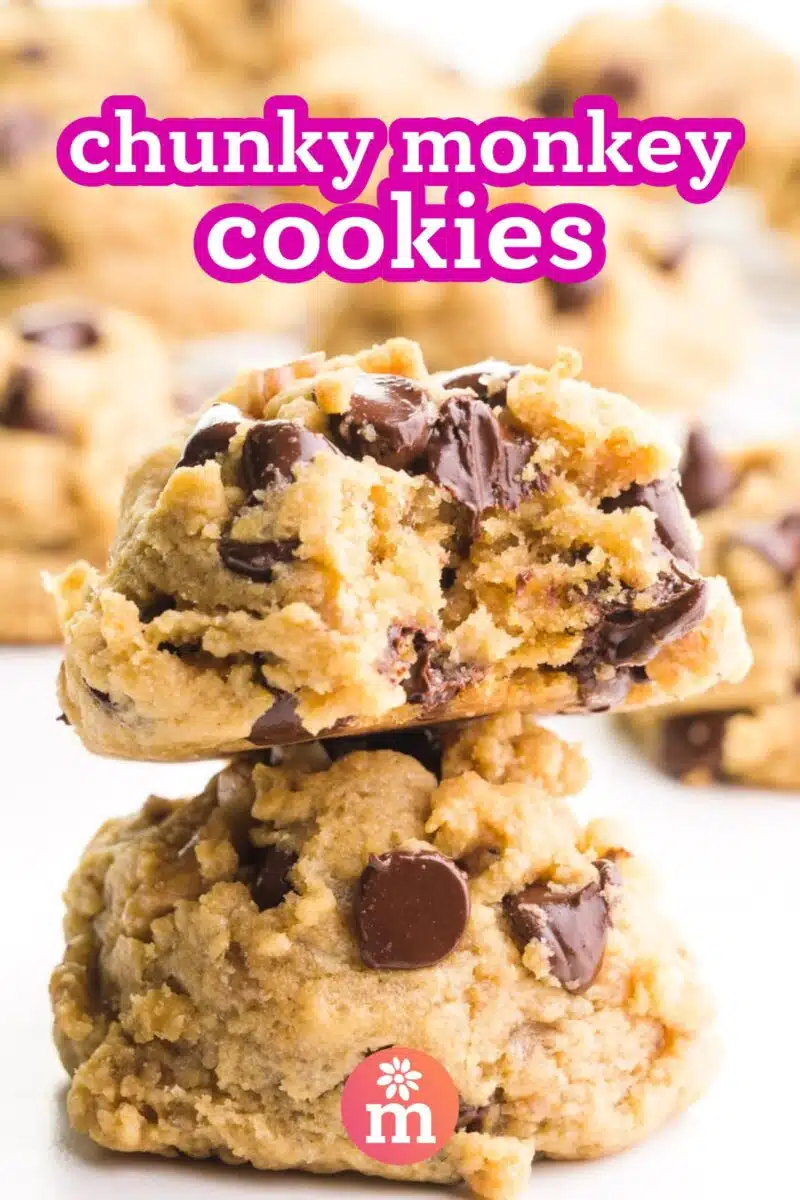 A stack of two cookies shows the top one with a bite taken out. The text reads, chunky monkey cookies.