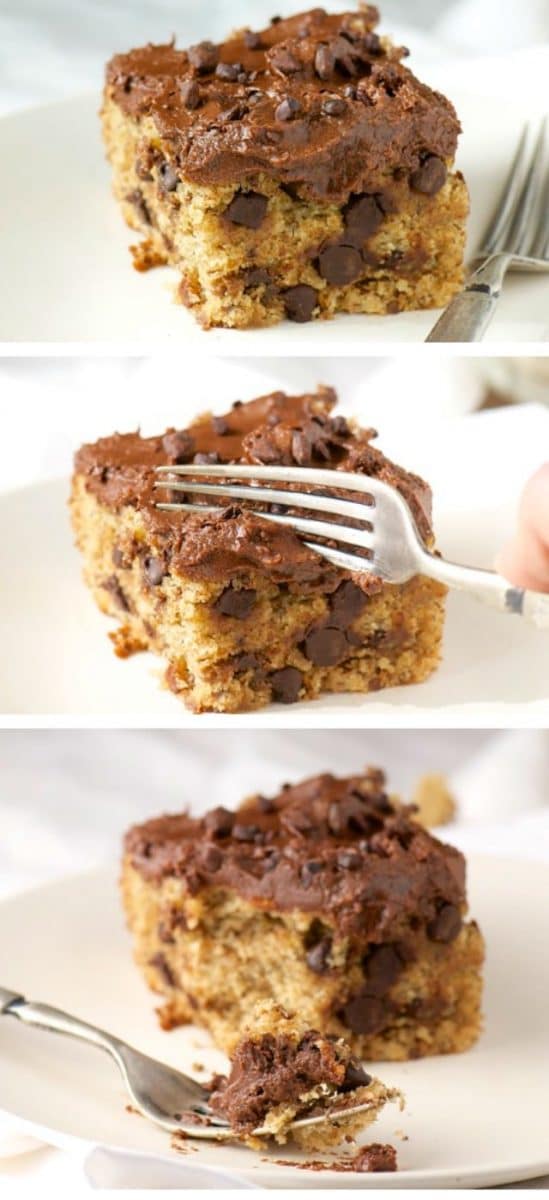 A collage of three photos shows a chocolate chip cake with chocolate frosting.