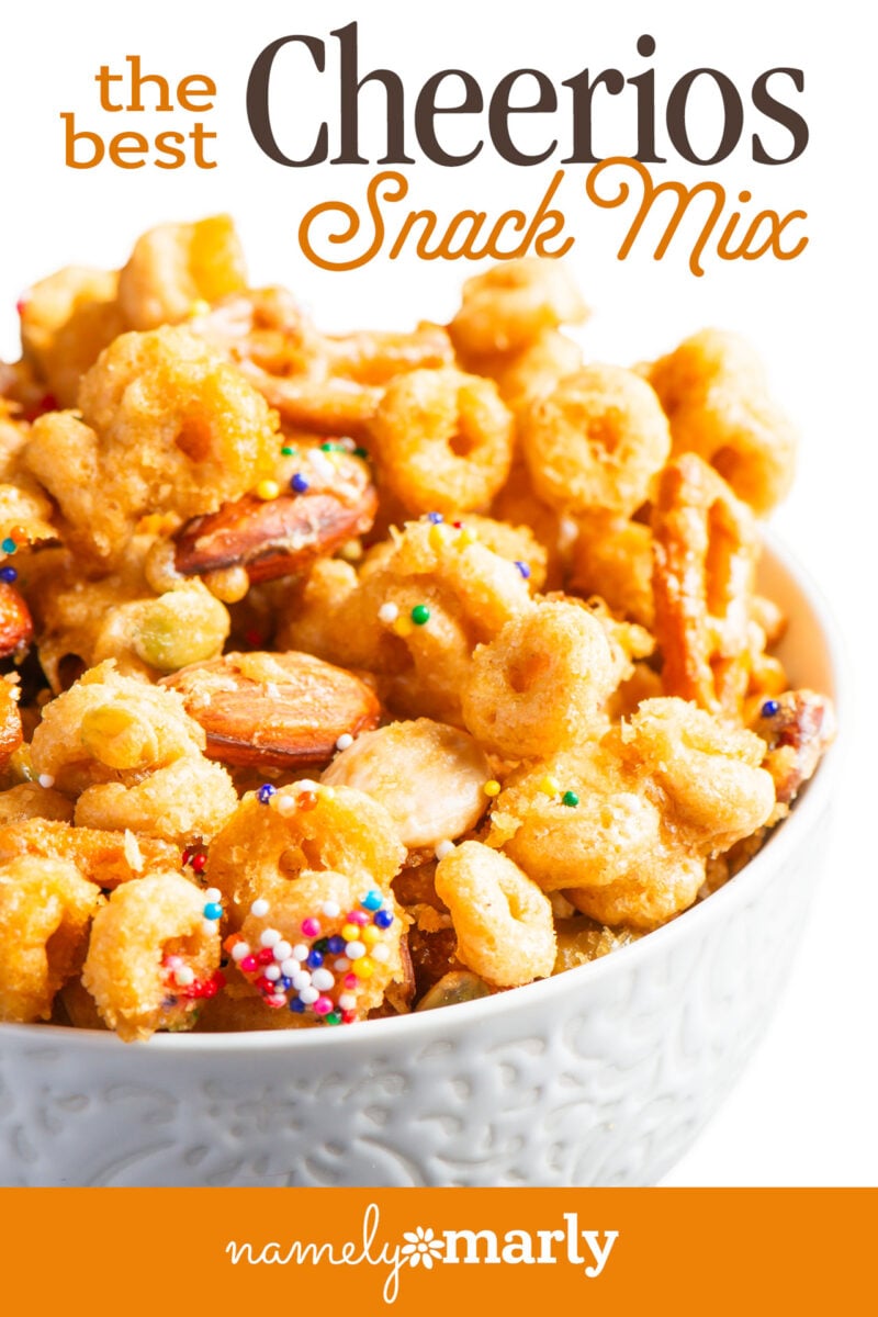 A close up of a bowl of cheerios snack mix