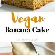 This vegan banana cake is a favorite. It may be yours too if you love tender, moist cake with cream cheese frosting...all surprisingly vegan of course! There's no shortage of banana love in this cake recipe, spiced with ginger and cinnamon and topped with a dreamy, creamy vegan cream cheese frosting.