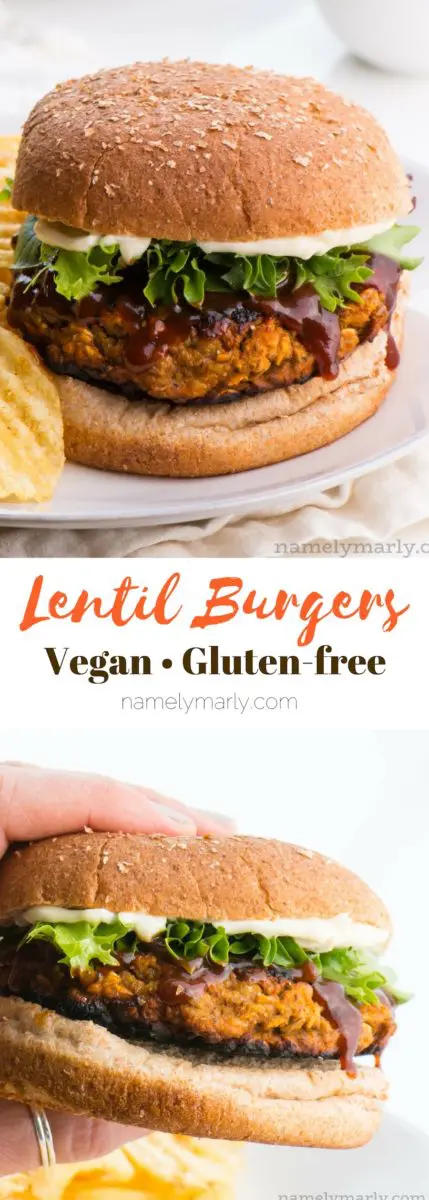 A collage of photos, the one on top showing a closeup of a lentil burger on a plate and the one on the bottom shows a lentil burger held in a hand. Text in between reads: Lentil Burgers - Vegan. Gluten-free.