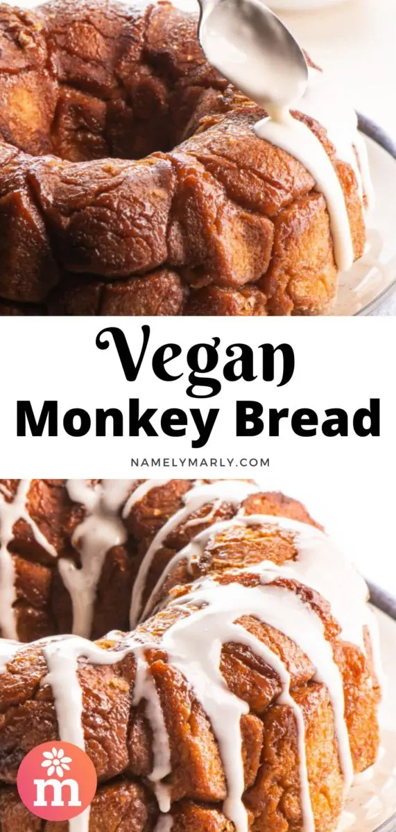 A collage of two images shows a spoon drizzling vanilla glaze over monkey bread on the top and the bottom image shows the finished monkey bread with vanilla glaze drizzles. The text between the images reads Vegan Monkey Bread.