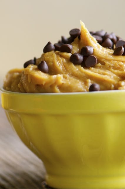 Chocolate Chip Peanut Butter dip in a yellow dish.