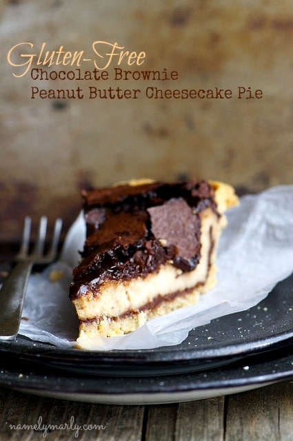 A gluten free pie layered with chocolate brownie and peanut butter cream cheese filling