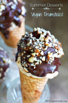 A vegan chocolate drumsticks ice cream treat is sitting in a glass with another one behind it. The text on the page reads, 