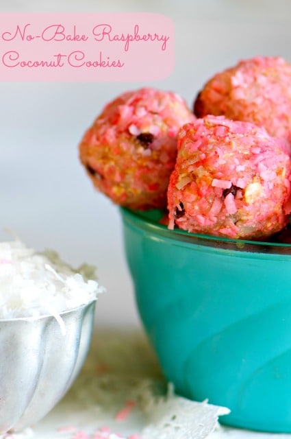 Easy to make, fun to eat - No-bake Raspberry Coconut Snoball Cookies!
