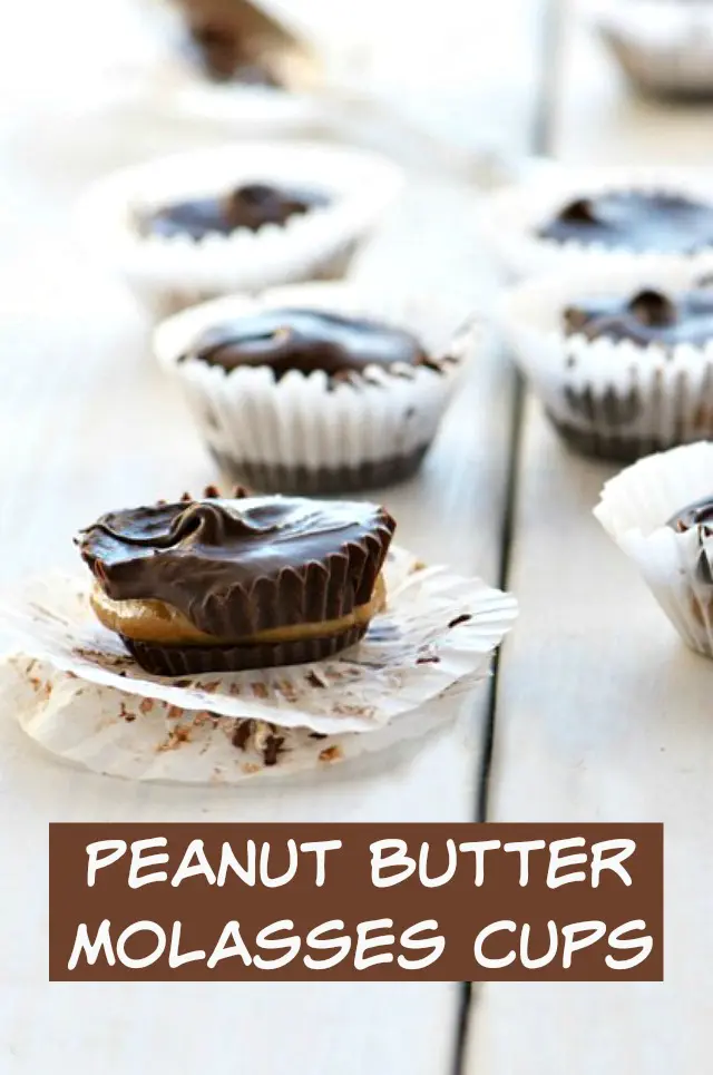 Rich and Creamy Peanut Butter Molasses Cups with layers of dark chocolate and molasses-sweetened peanut butter.