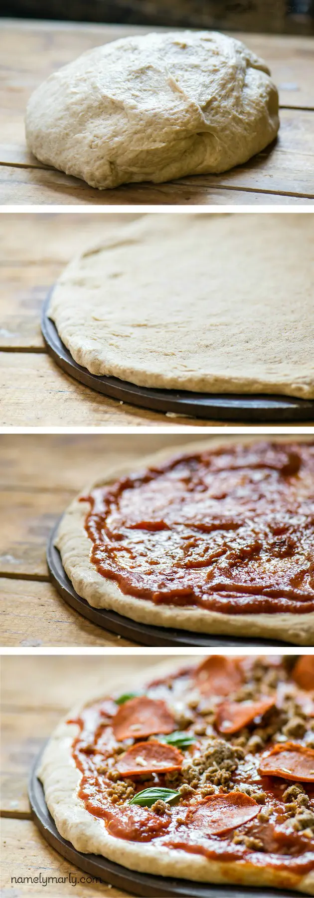 A collage of photos, the top shows the pizza dough ball, the middle shows the pizza dough rolled out onto a pizza stone. The next photo sows pizza sauce on the crust. The final shot shows the toppings on the pizza before it's baked.