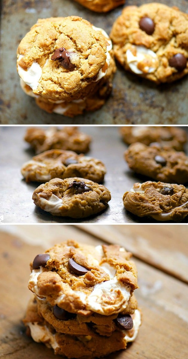 A collage of several photos shows Vegan Smores Chocolate Chip Cookies.