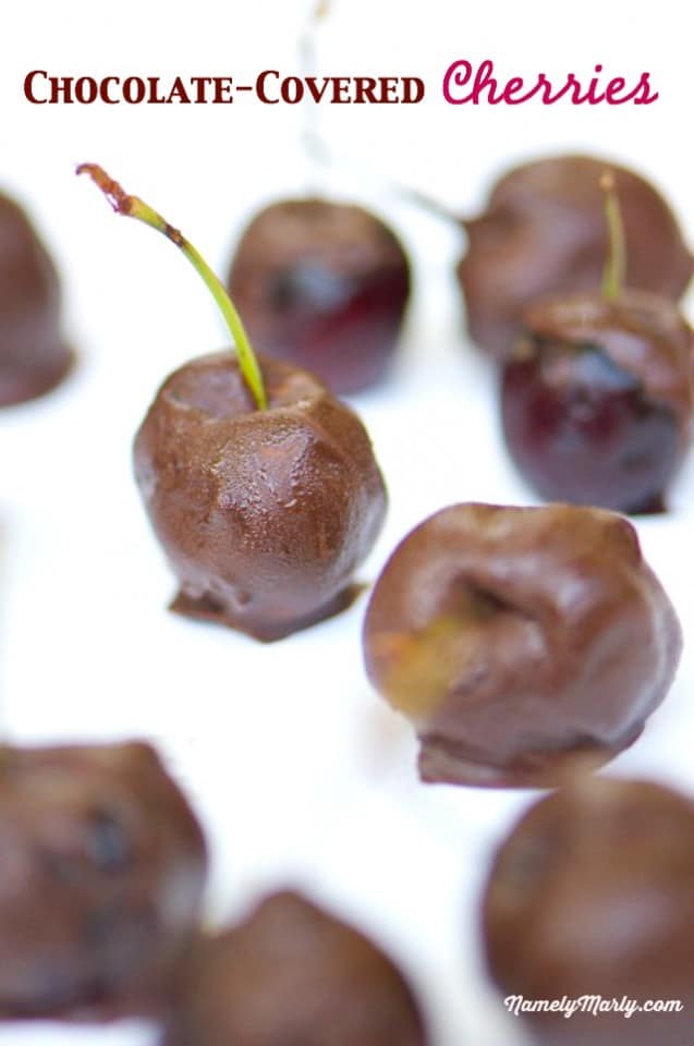 Several chocolate covered cherries with the stems are sitting on a white background.