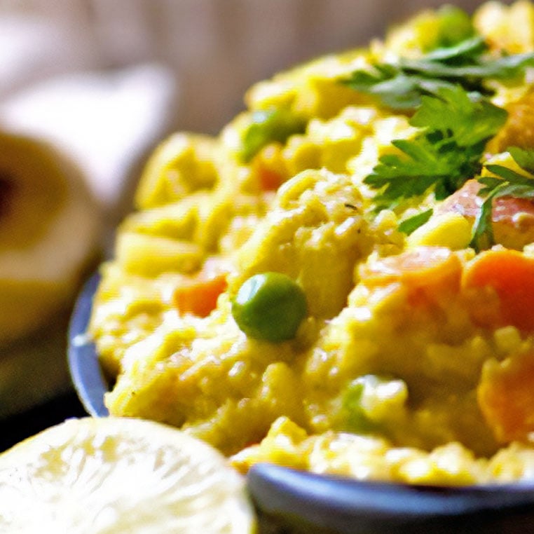 A serving dish full of chickpea curry sits next to naan bread and limes.