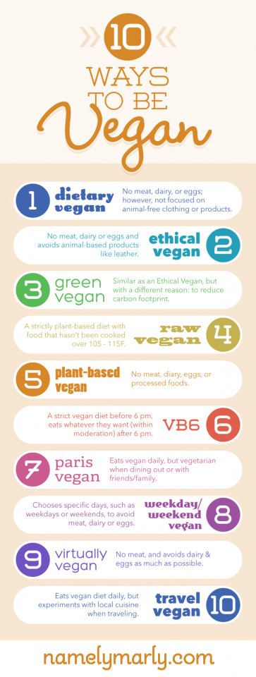 This is an infographic highlighting the different ways to be vegan, including VB6 (vegan before 6), Vegan on the Weekends, and more.