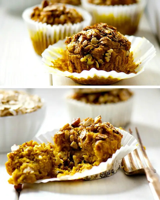 A collage of two photos shows a muffin with the paper pulled back on the top and a bite taken out of the muffin on the bottom.