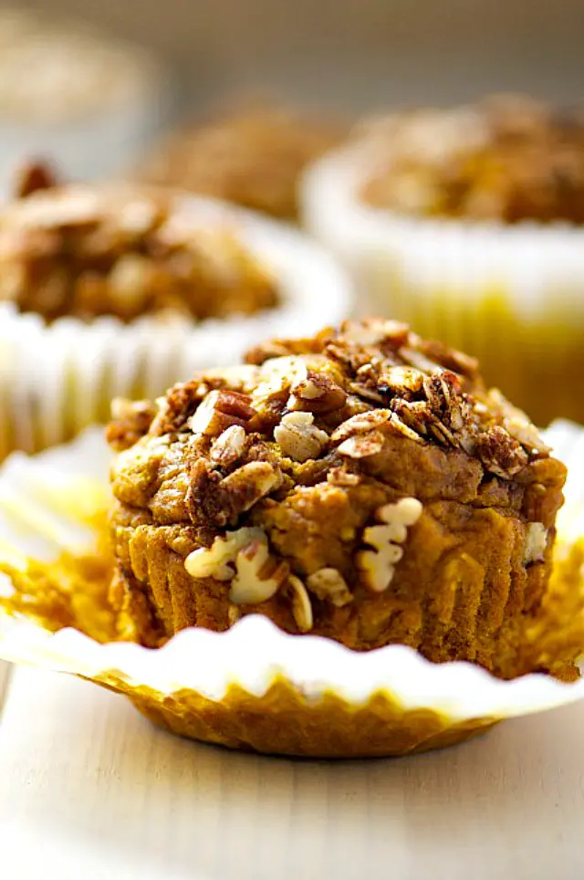 Peanut Butter Pumpkin Muffins with Crumbly Pecan Topping. What more could you ask for!