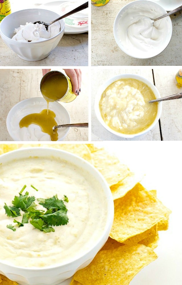 A collage of photos showing the simple steps for making this dip, with the final shot showing the final dip in the bowl.