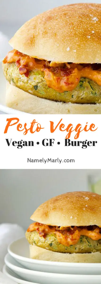 Two photos of veggie burgers have this text between them, Pesto Veggie Burger - Vegan + GF.