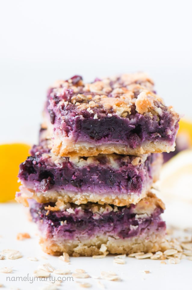 Blueberry Lemon Pie Bars in a stack of three.