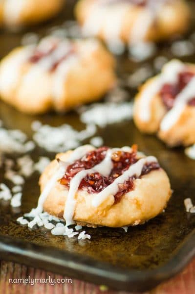 Raspberry Coconut Thumbprint Cookies - a delightful addition to your afternoon pick-me-up!