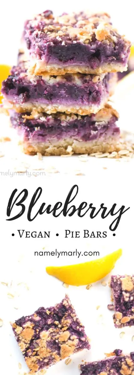A collage of two photos showing a stack of pie bars on the top and looking down on a slice of pie bar next to a lemon slice at the bottom. Text in between reads: Blueberry Pie Bars