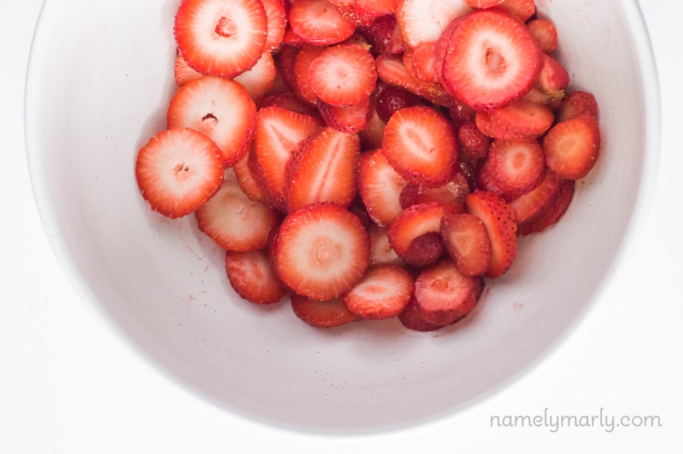 Cut strawberries for strawberry shortcake