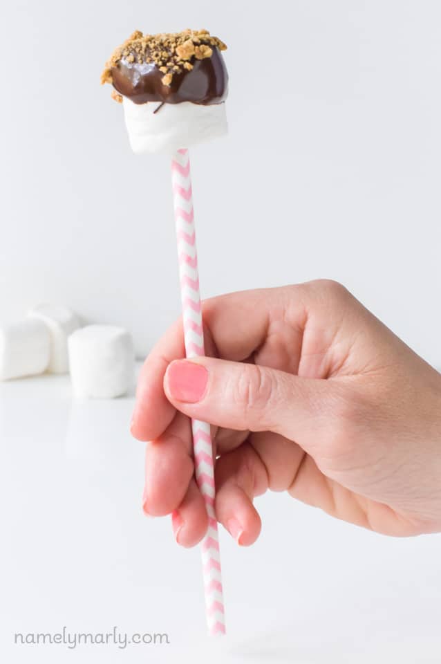 A hand holds a pink straw with a vegan s'mores marshmallow pop on top.