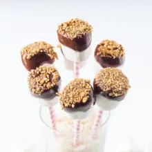 Several Vegan Marshmallow Pops in a tall glass filled with uncooked brown rice.