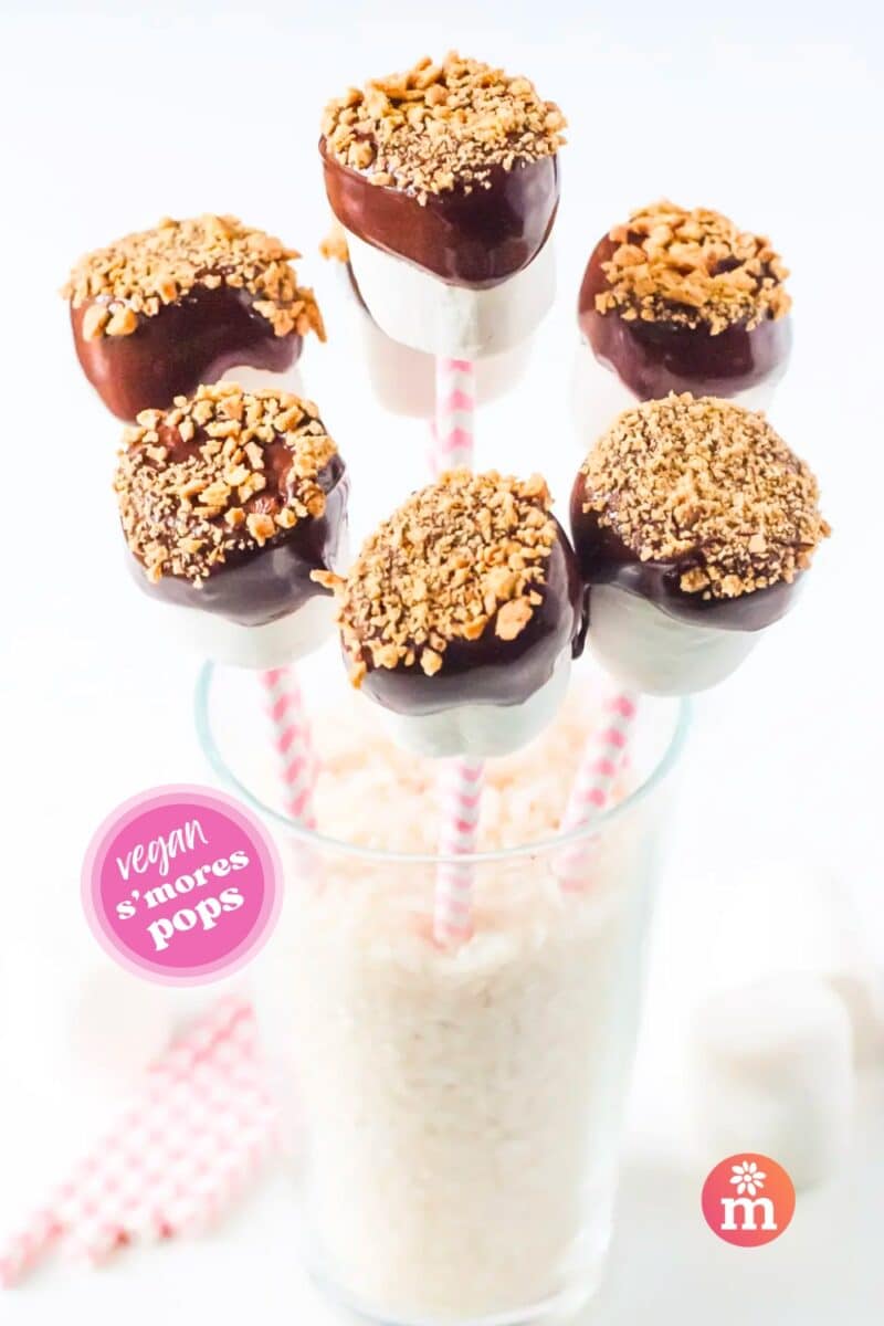 Several vegan chocolate covered marshmallows are on sticks in a glass filled with rice. The text reads, Vegan S'mores Pops.