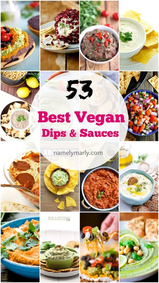 A collage of photos shows different sauces and dips. The text reads: 5e Best Vegan Dips and Sauces.