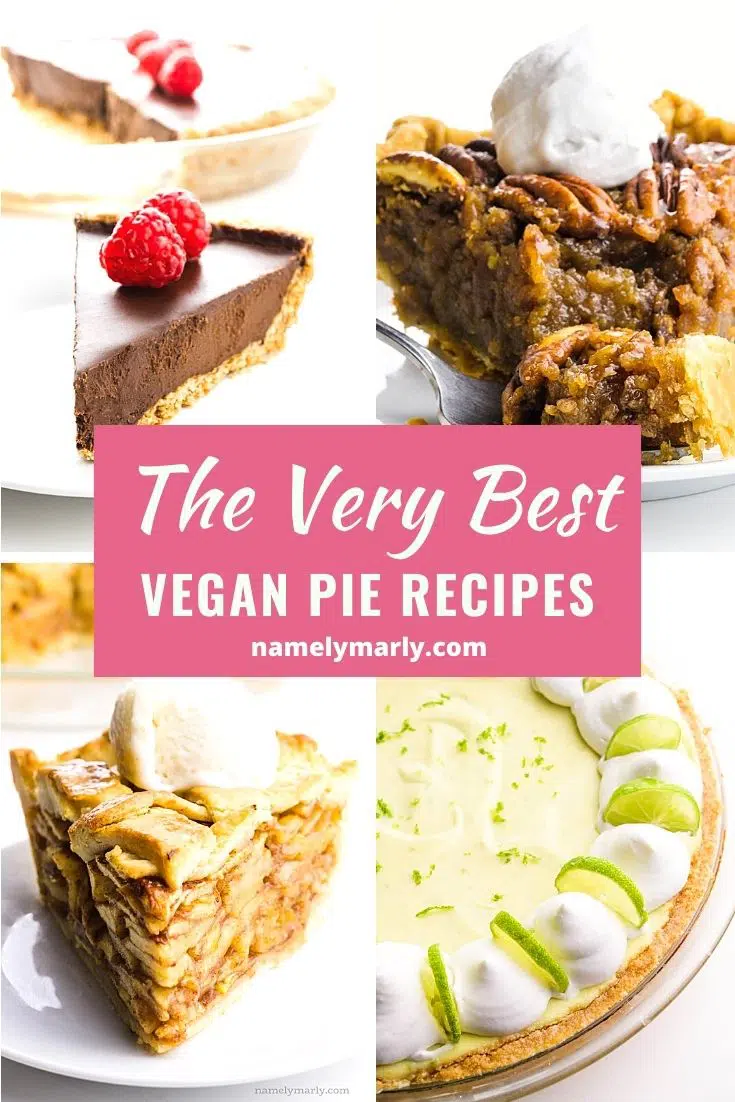 A collage of four images shows different pies, like pecan pie and chocolate pie. The text on the page reads, The Very Best Vegan Pie Recipes.