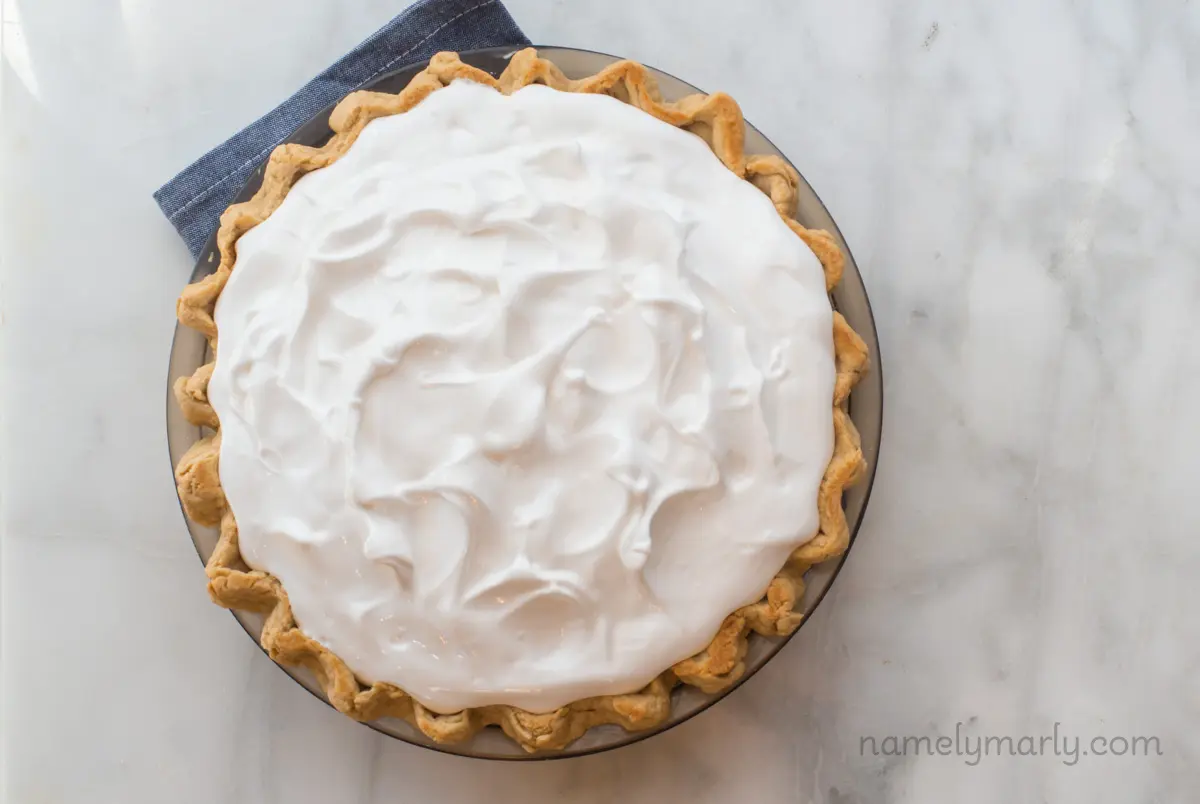 Meringue on a pie before it's baked.
