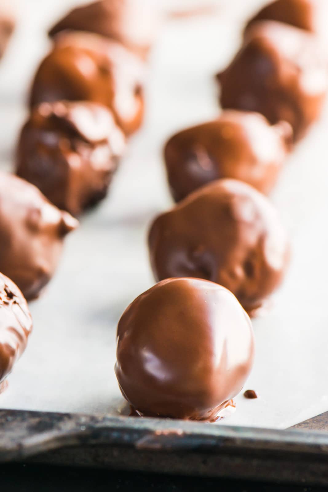 A row of chocolate coated dessert balls  on a baking sheet lined with parchment paper.