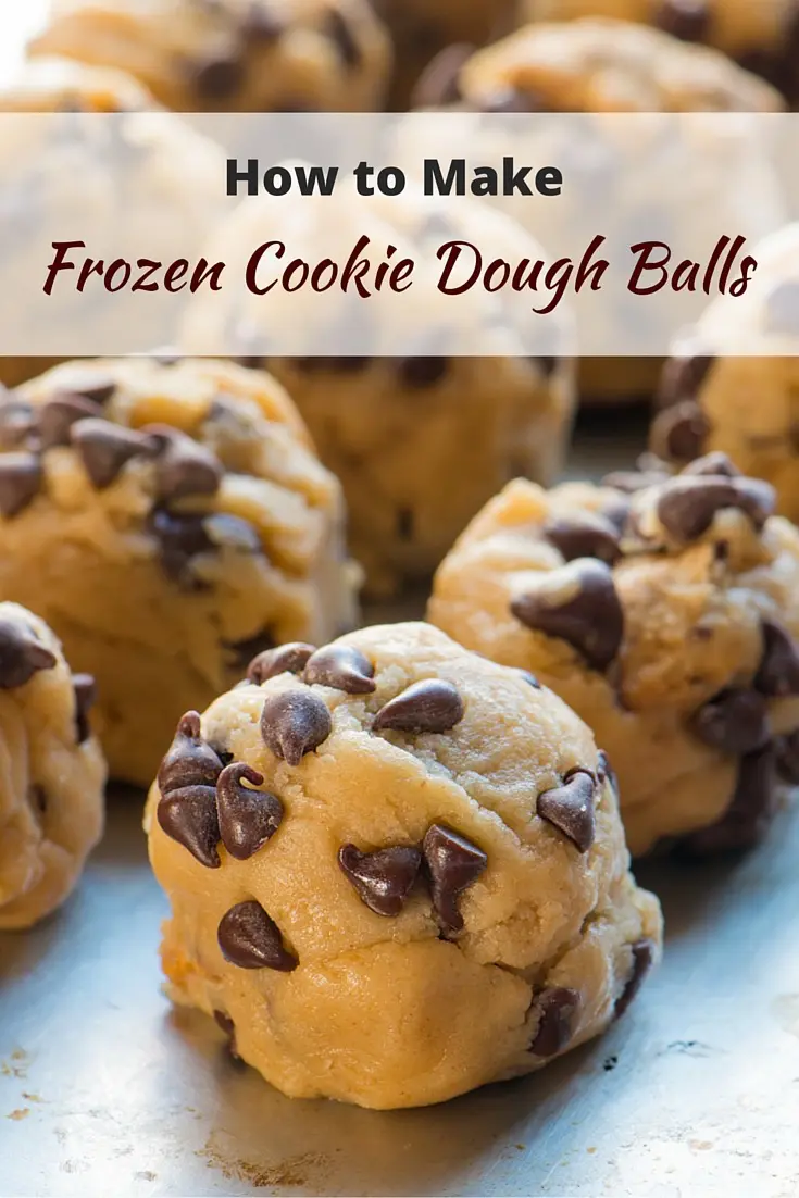 Several frozen cookie dough balls are on a pan with the text above it reading: How to make frozen cookie dough balls."