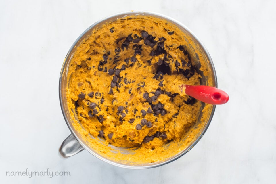 Chocolate Chip Pumpkin Cookies in a mixing bowl.