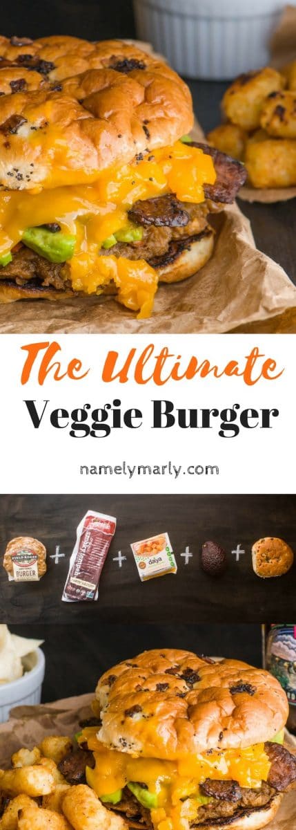 A collage of photos showing close-up of a veggie burger, another with all the ingredients for the veggie burger, and a final photo with another angle. The text reads: The ultimate veggie burger.