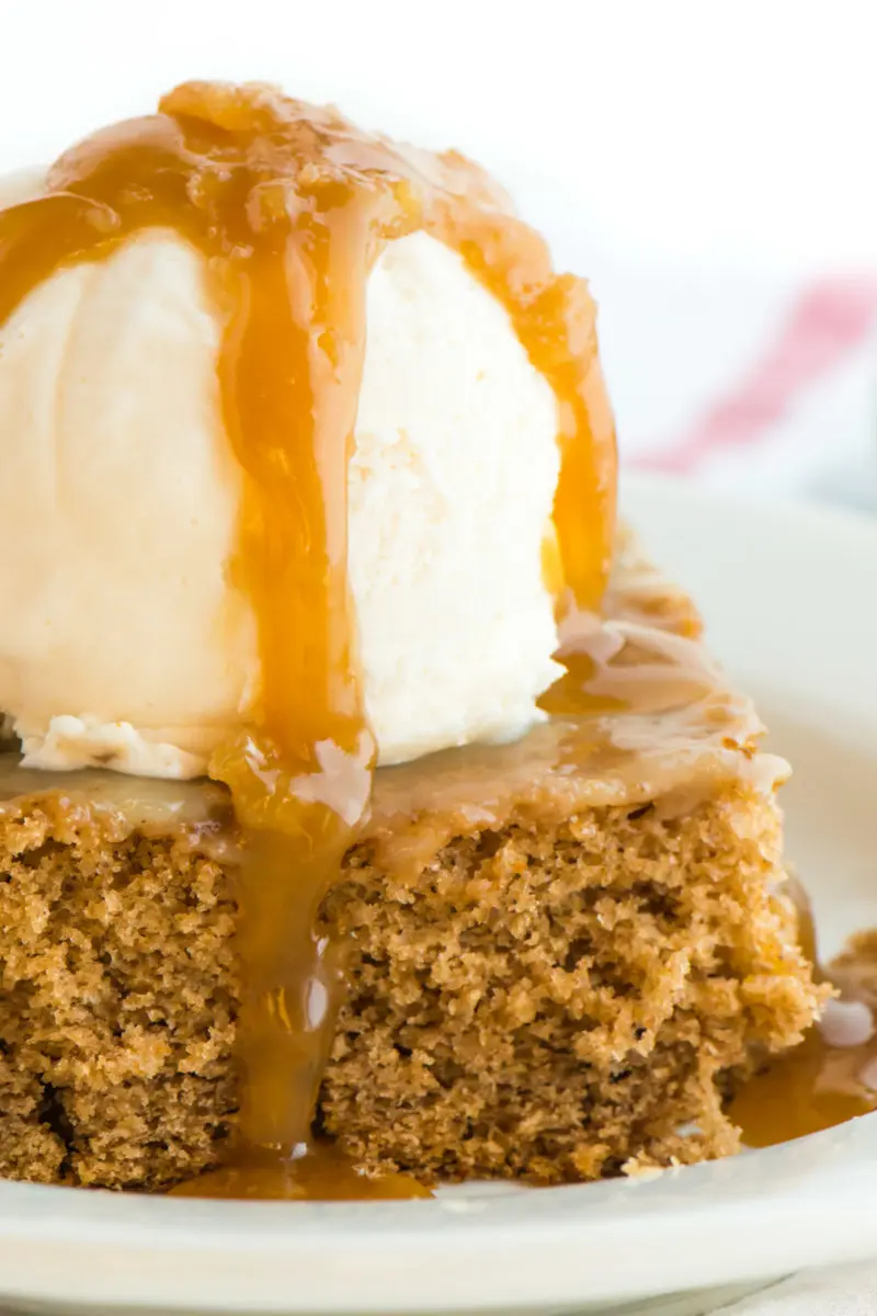 A slice of vegan cinnamon roll poke cake has a scoop of ice cream on the top and is drizzled with caramel sauce.