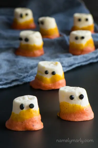 Vegan Candy Corn Marshmallow Ghosts - a fun, tasty, and delicious way to celebrate Halloween for your next spooky halloween party!
