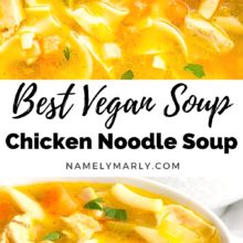 A collage of two images shows a closeup of noodle soup on the top and a bowl of the soup on the bottom. The text between the images reads, Best Vegan Soup. Vegan Chicken Noodle Soup.