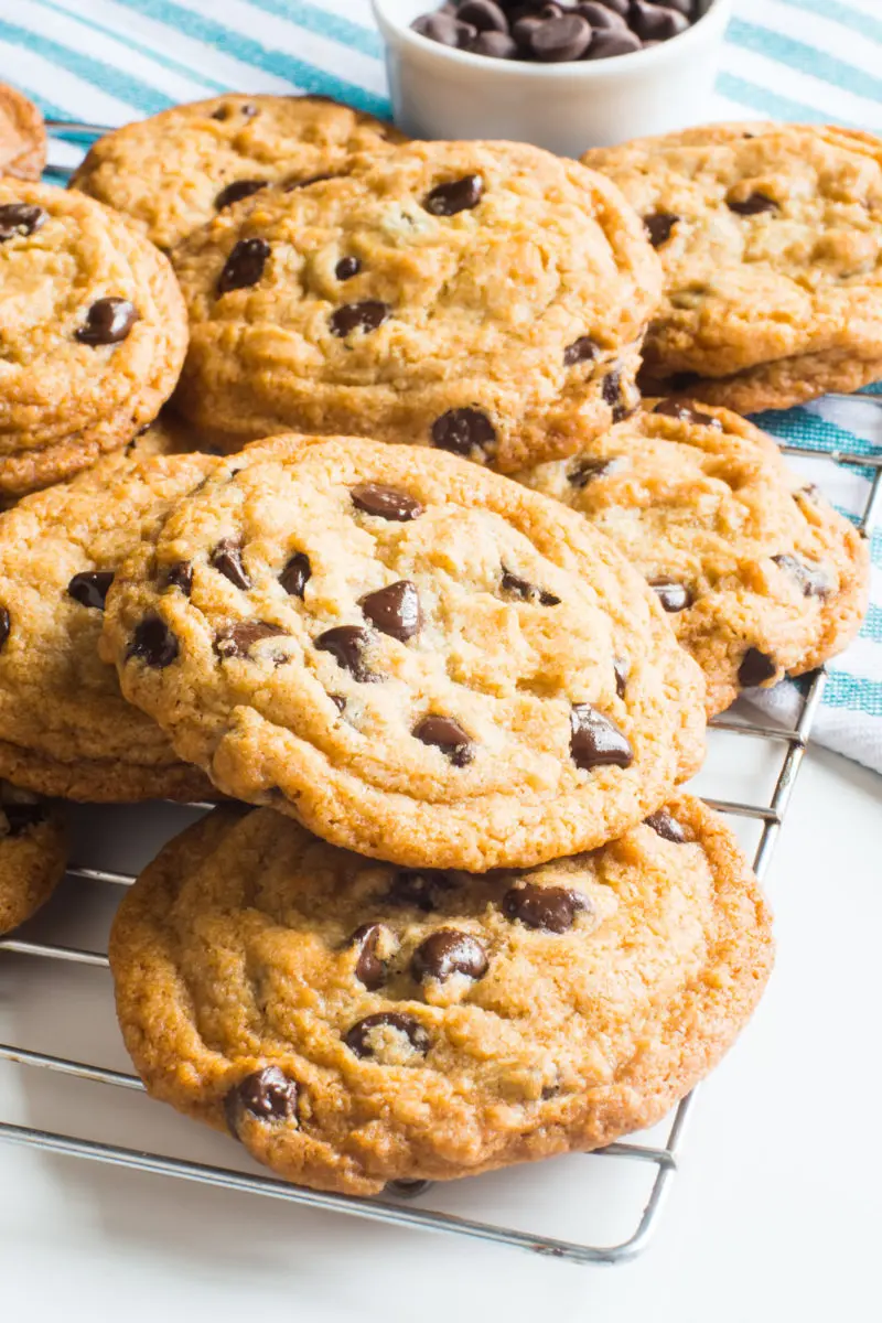 A freshly-baked batch of vegan coconut chocolate chip cookies sit on a wire rack to cool. A bowl of chocolate chips sits behind them.