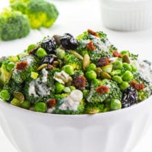 This Vegan Broccoli Salad is made with lightly steamed broccoli, pumpkin seeds, cranberry raisins, and vegan bacon pieces. You're going to love the lightly sweet dressing as well. It's a perfect salad for your next family gathering or party!