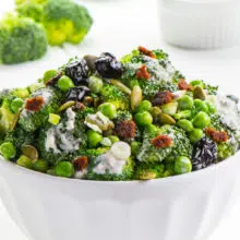 This Vegan Broccoli Salad is made with lightly steamed broccoli, pumpkin seeds, cranberry raisins, and vegan bacon pieces. You're going to love the lightly sweet dressing as well. It's a perfect salad for your next family gathering or party!