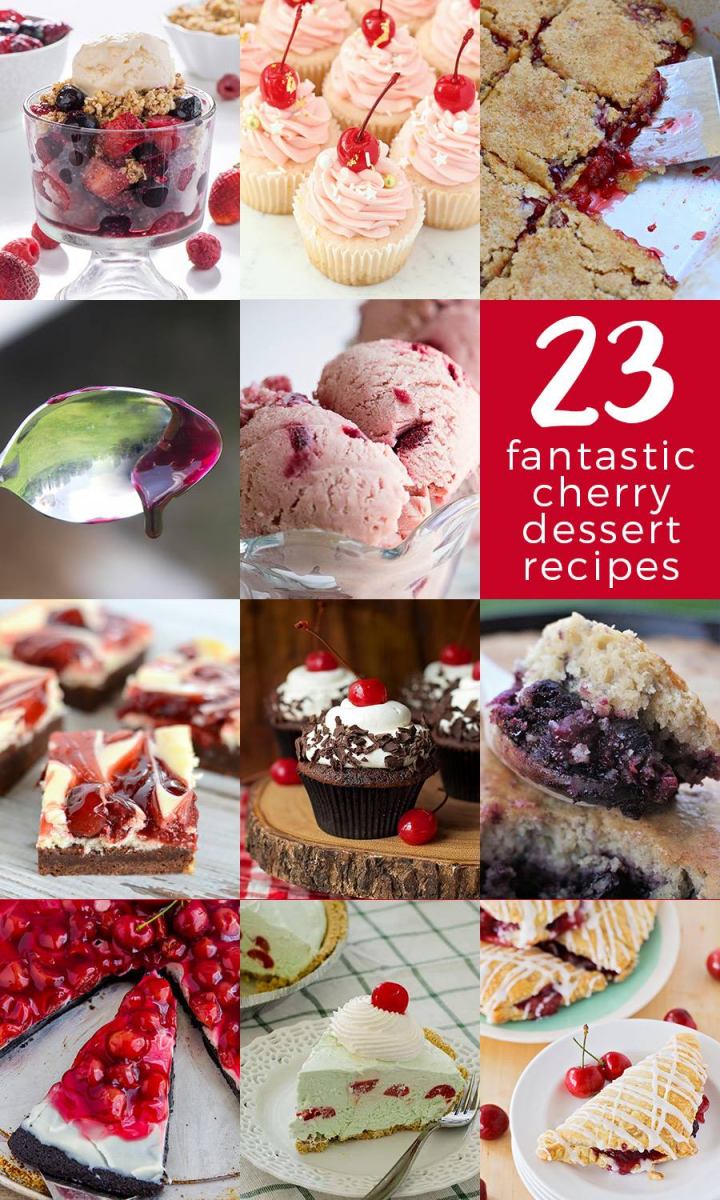 A collage of several cherry dessert photos with the text, "Cherry Desserts for National Cherry Dessert Day!"