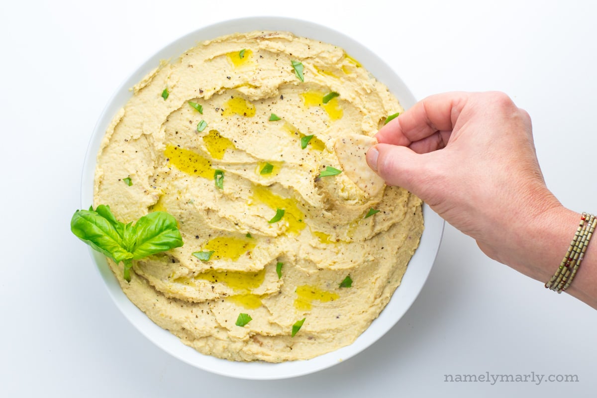 We love this vegan caramelized onion hummus dip!
