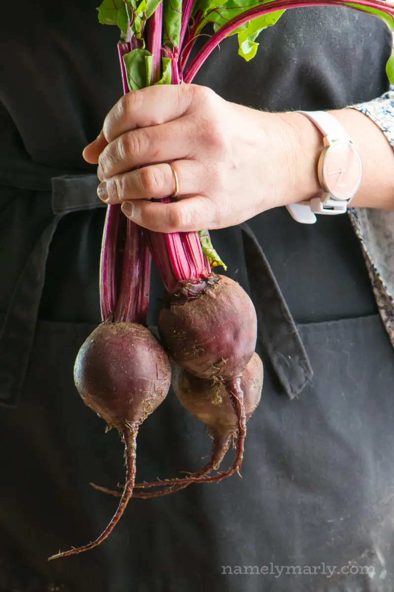 A hand holds 3 fresh beets.