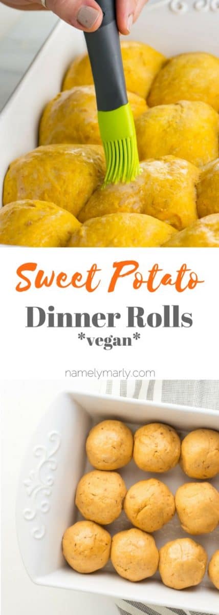 A collage of photos show dinner rolls with text in between reading: Sweet Potato Dinner Rolls.