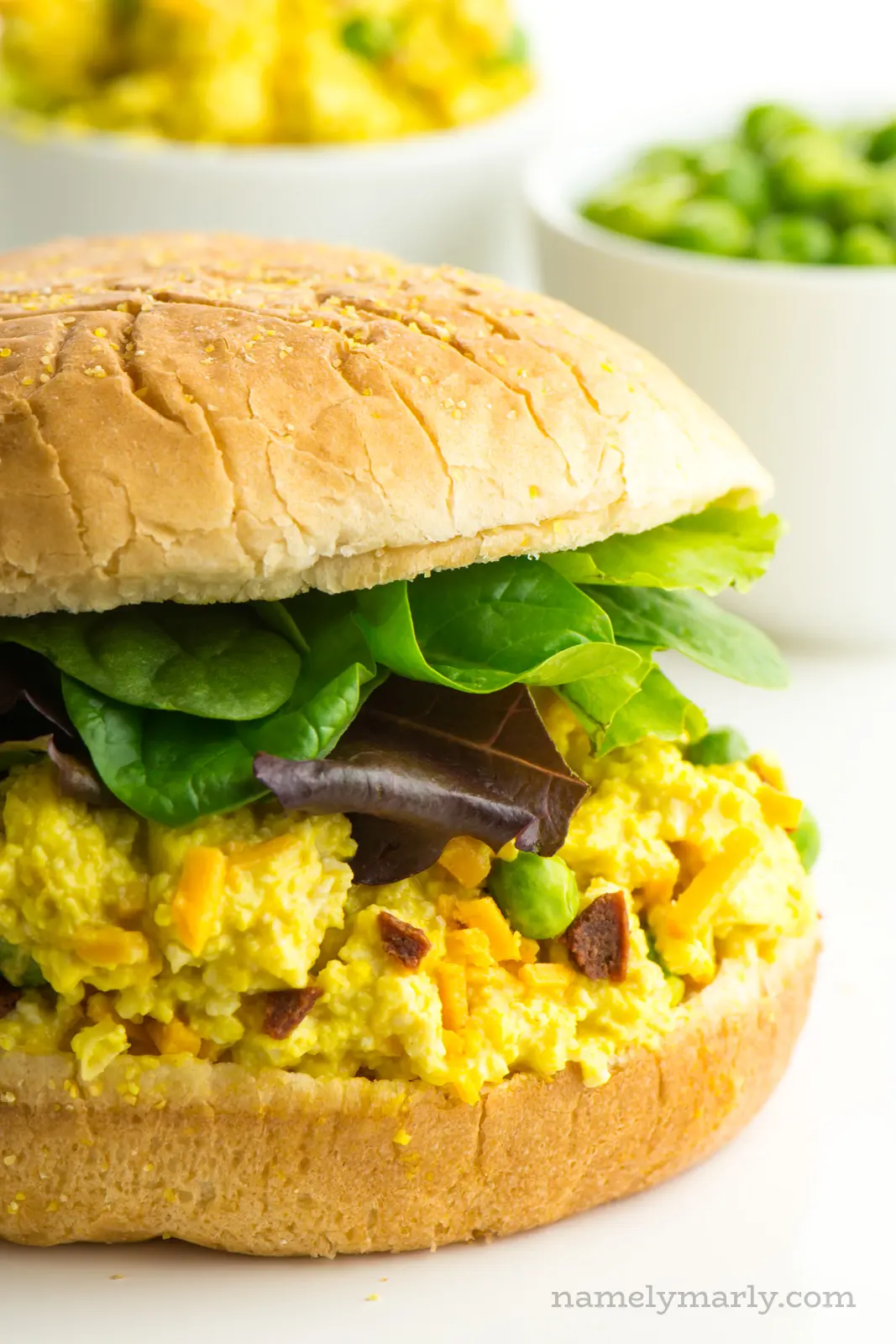 a closer look at the vegan egg salad recipe showing all the tasty and colorful ingredients.