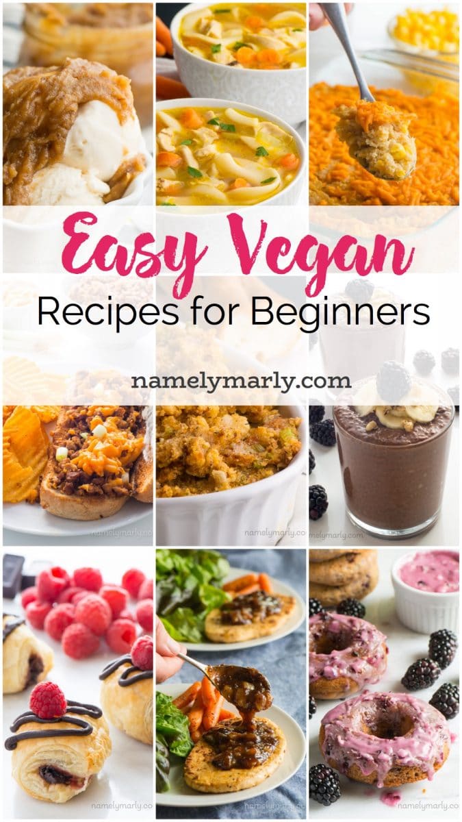 A collage of photos showing various easy vegan recipes for beginners with text over the top indicating the same and including the site name.