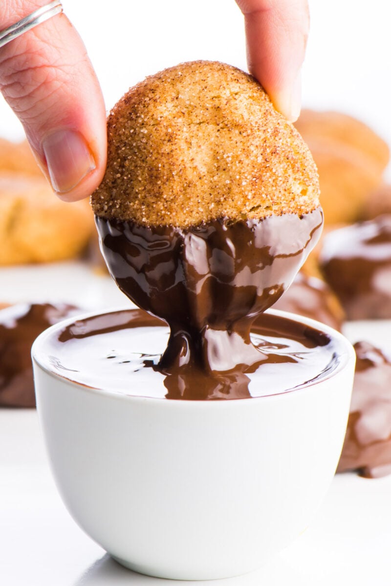 Two fingers are holding a snickerdoodle cookie after just having been dipped in a bowl of melted chocolate.