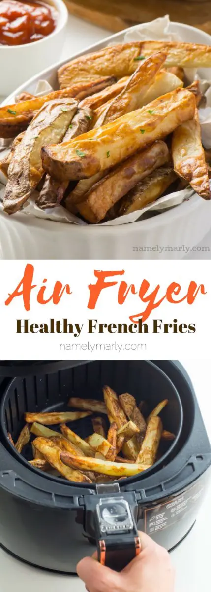 A collage of photos shows a close-up of air fryer french fries in the top photo and fries coming out of an air fryer basket in the bottom. The text in between reads: Air Fryer Health French Fries.