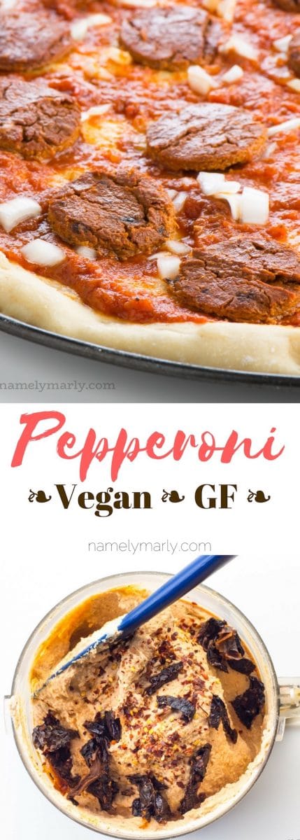 A collage of photos shows a close-up of vegan pepperoni arranged on a pizza. The bottom photo shows a food processor bowl full of ingredients to make this recipe. The text between the two photos says: Pepperoni: Vegan, Gluten-free.